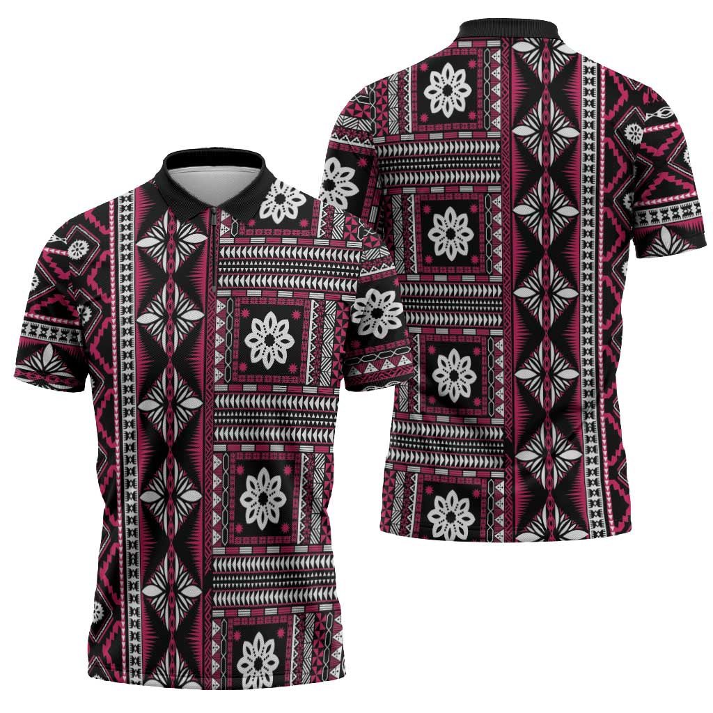 Fiji Masi Tapa Pattern Pink Zipper Polo Shirt LT01 - Polynesian Pride