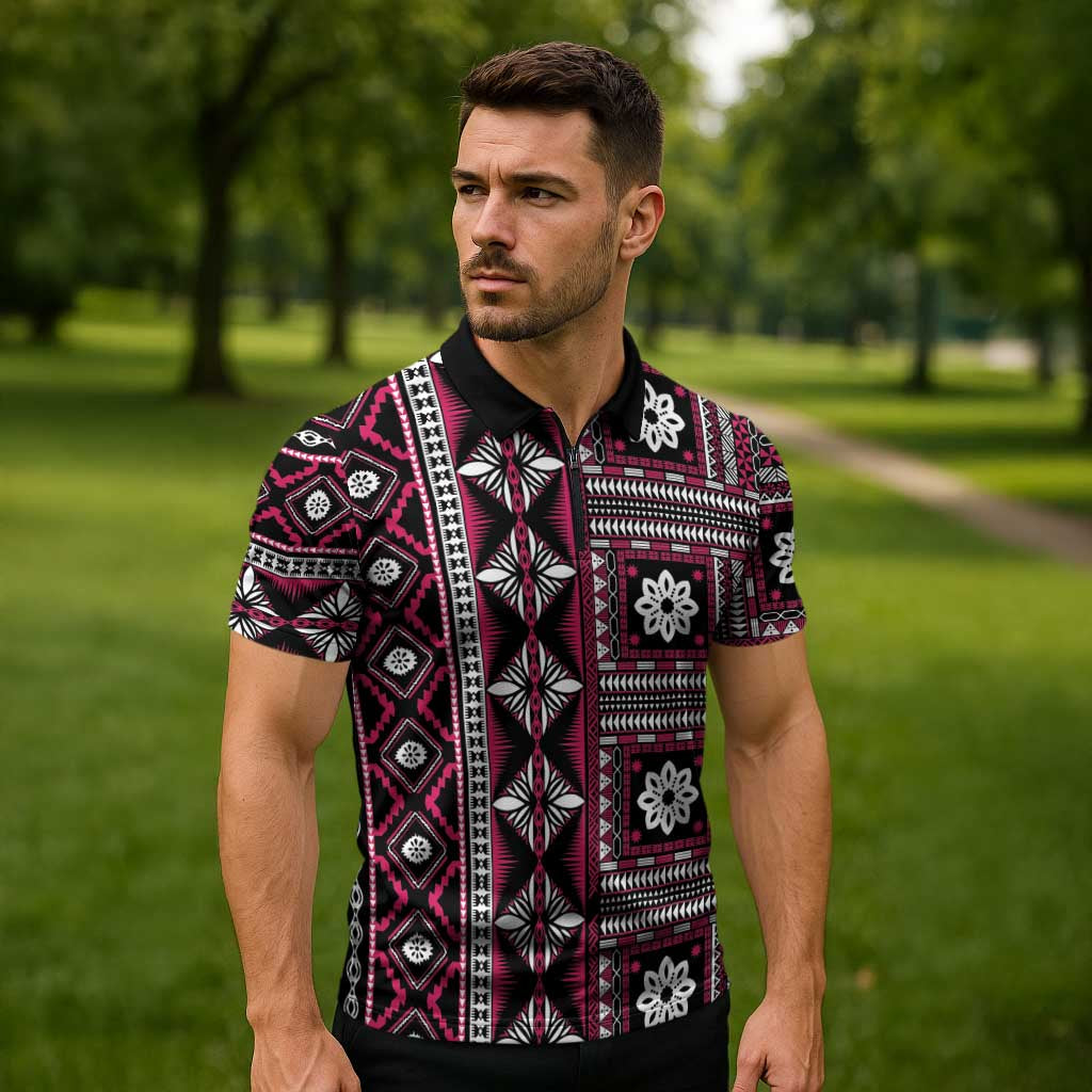 Fiji Masi Tapa Pattern Pink Zipper Polo Shirt LT01 - Polynesian Pride
