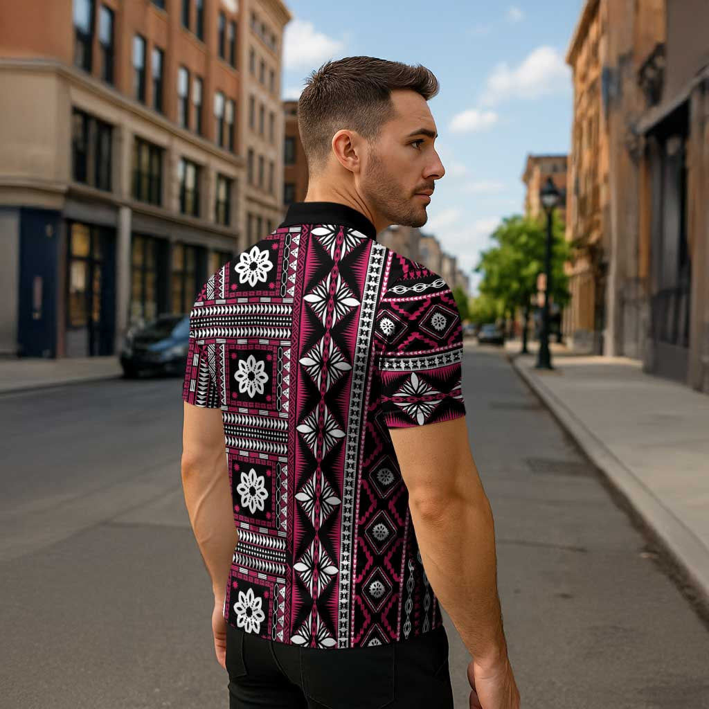 Fiji Masi Tapa Pattern Pink Zipper Polo Shirt LT01 - Polynesian Pride