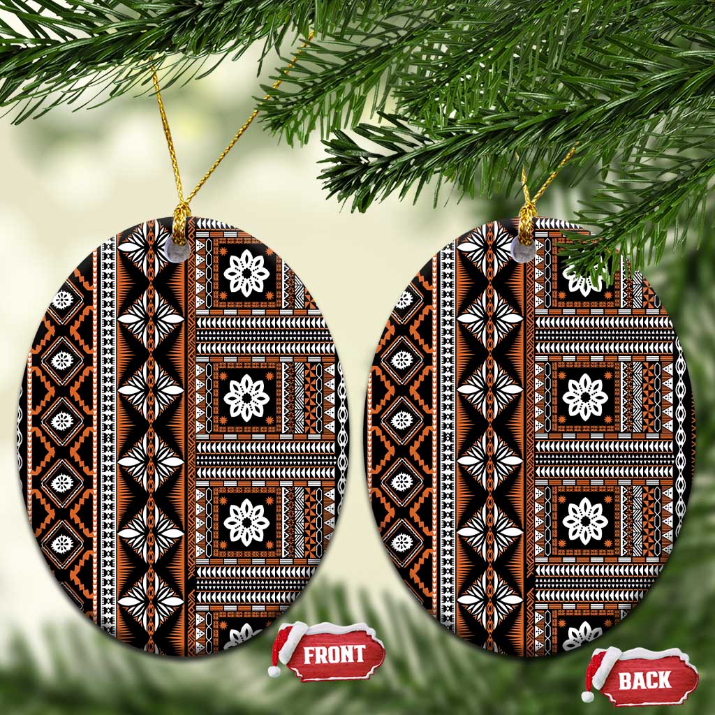 Fiji Masi Tapa Pattern Orange Ceramic Ornament LT01 Oval Orange - Polynesian Pride