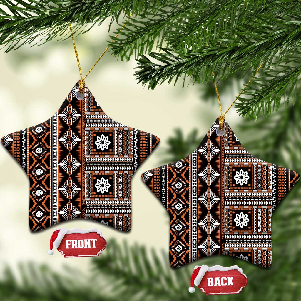 Fiji Masi Tapa Pattern Orange Ceramic Ornament LT01 Star Orange - Polynesian Pride
