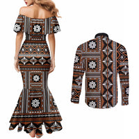 Fiji Masi Tapa Pattern Orange Couples Matching Mermaid Dress and Long Sleeve Button Shirt LT01 - Polynesian Pride