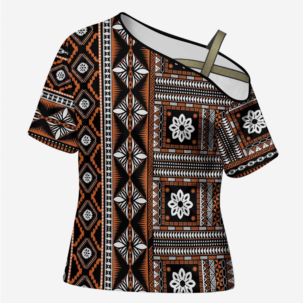 Fiji Masi Tapa Pattern Orange Cross Shoulder Shirt LT01 Female Orange - Polynesian Pride
