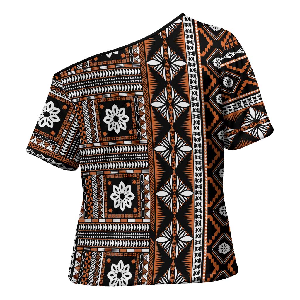 Fiji Masi Tapa Pattern Orange Cross Shoulder Shirt LT01 - Polynesian Pride