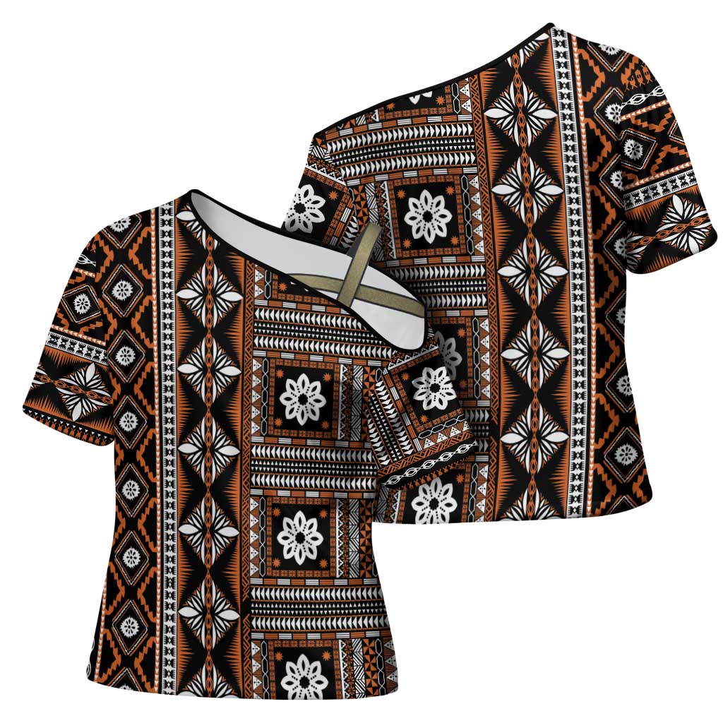 Fiji Masi Tapa Pattern Orange Cross Shoulder Shirt LT01 - Polynesian Pride