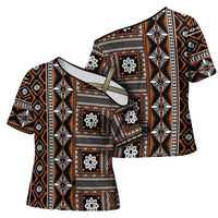 Fiji Masi Tapa Pattern Orange Cross Shoulder Shirt LT01 - Polynesian Pride