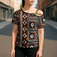 Fiji Masi Tapa Pattern Orange Cross Shoulder Shirt LT01 - Polynesian Pride