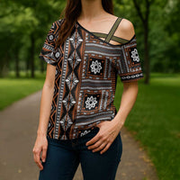 Fiji Masi Tapa Pattern Orange Cross Shoulder Shirt LT01 - Polynesian Pride
