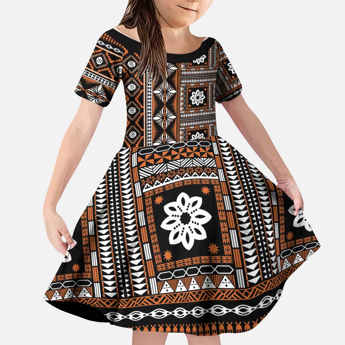 Fiji Masi Tapa Pattern Orange Kid Short Sleeve Dress LT01 KID Orange - Polynesian Pride