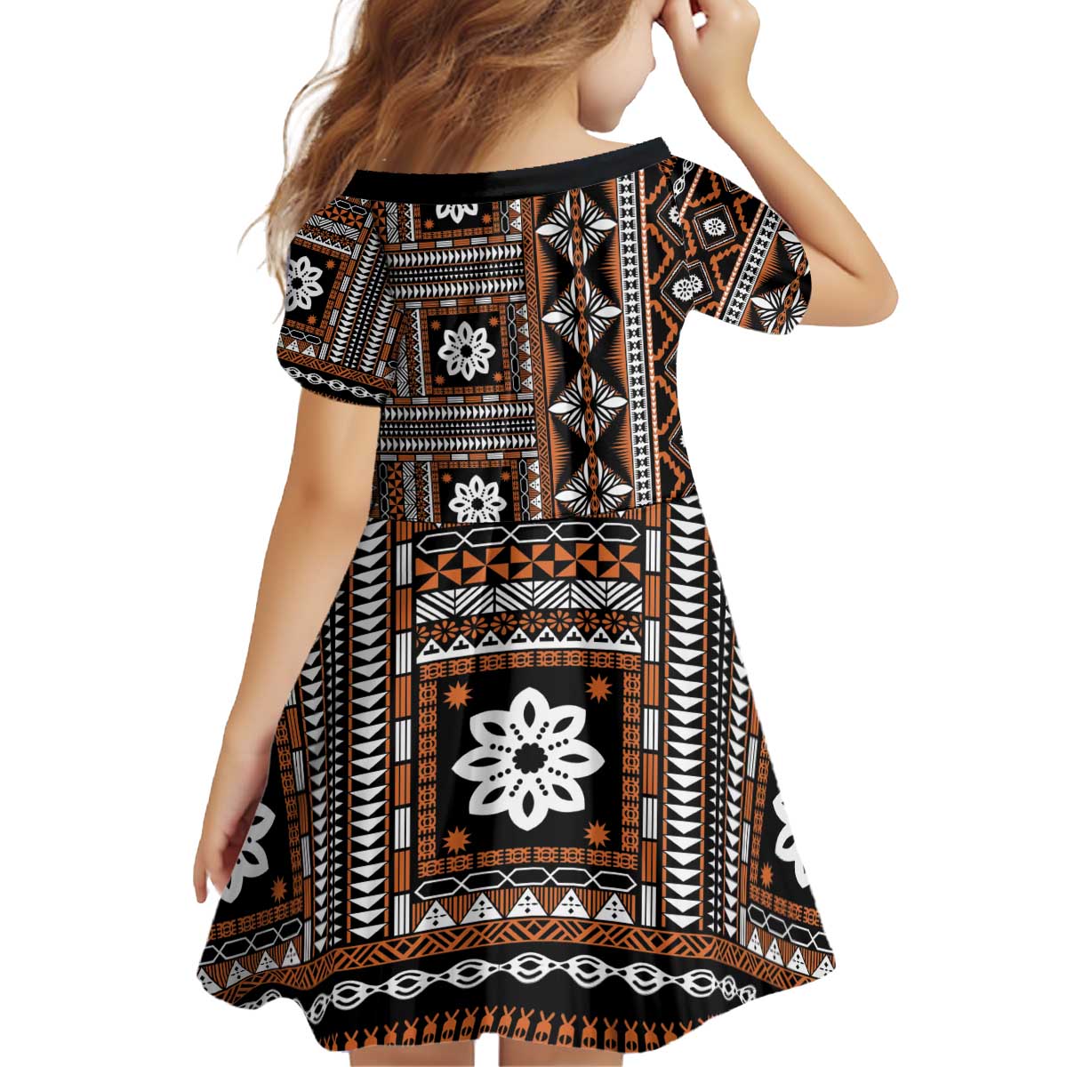 Fiji Masi Tapa Pattern Orange Kid Short Sleeve Dress LT01 - Polynesian Pride