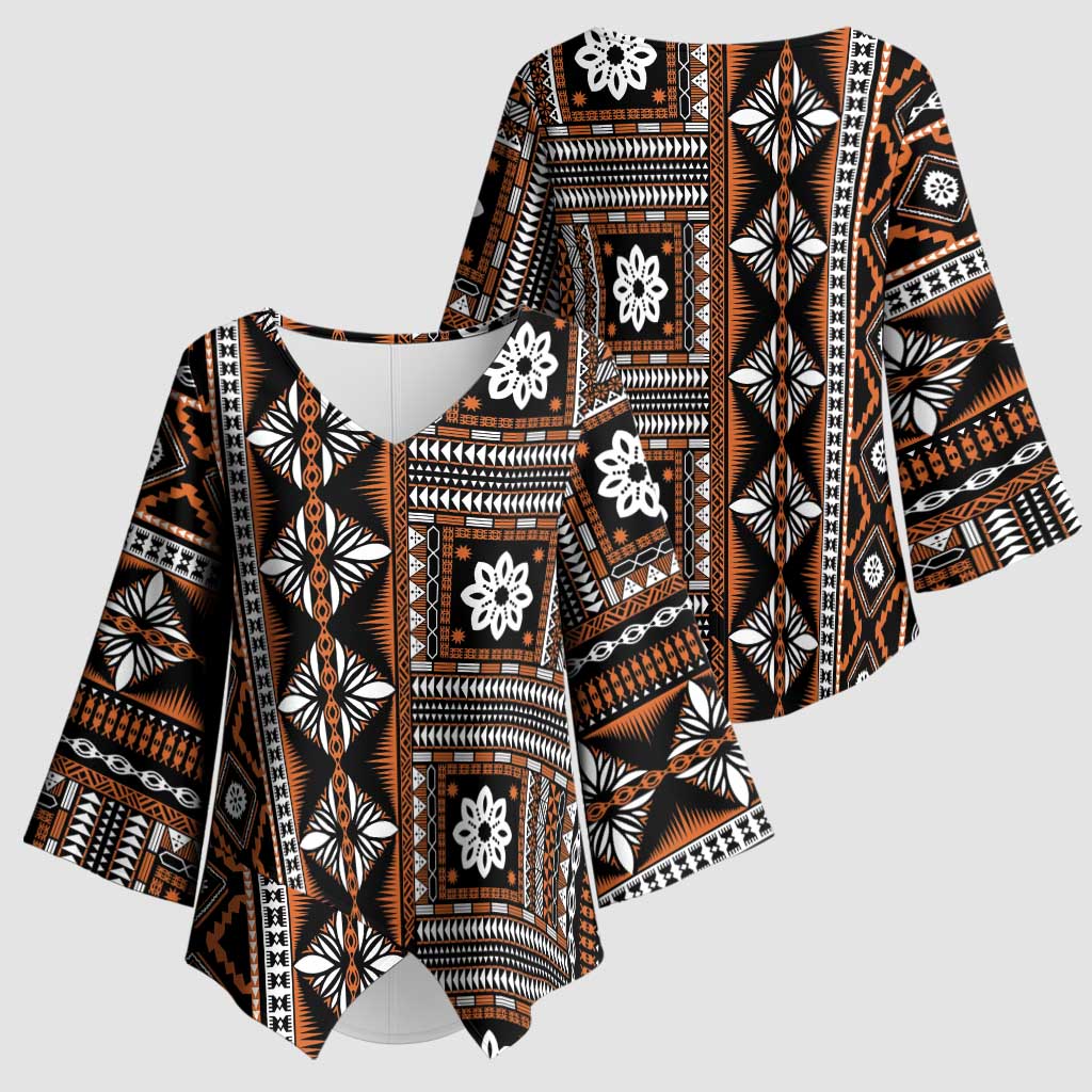 Fiji Masi Tapa Pattern Orange Kimono Sleeve Blouse LT01 - Polynesian Pride
