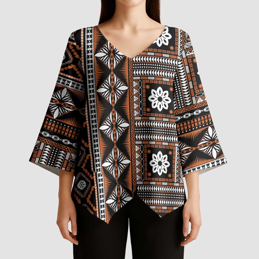 Fiji Masi Tapa Pattern Orange Kimono Sleeve Blouse LT01 - Polynesian Pride