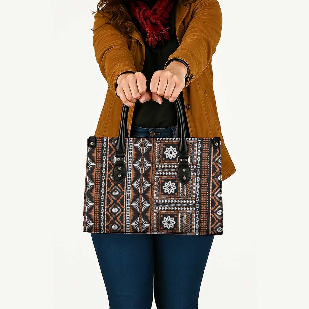 Fiji Masi Tapa Pattern Orange Leather Bag LT01 - Polynesian Pride