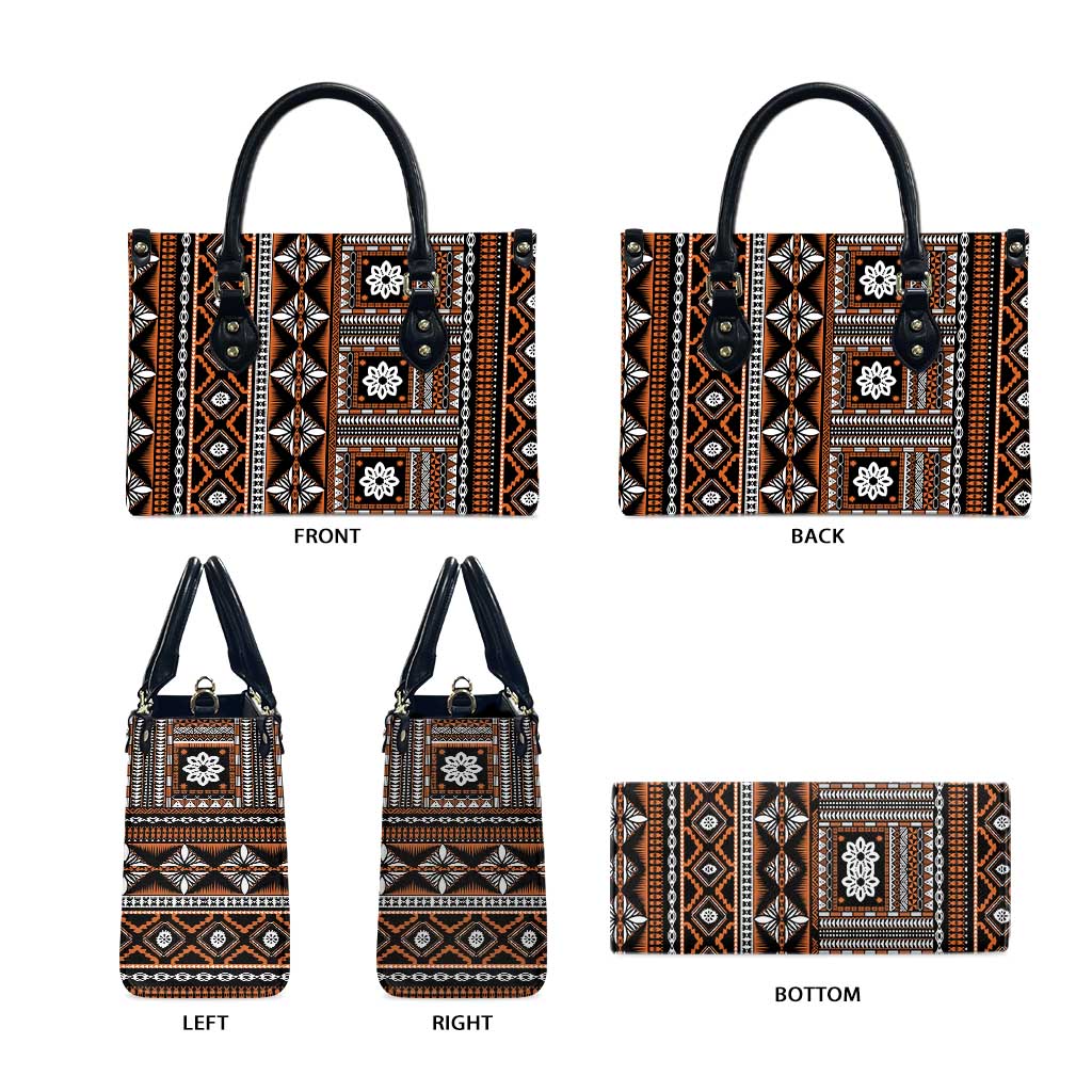 Fiji Masi Tapa Pattern Orange Leather Bag LT01 - Polynesian Pride