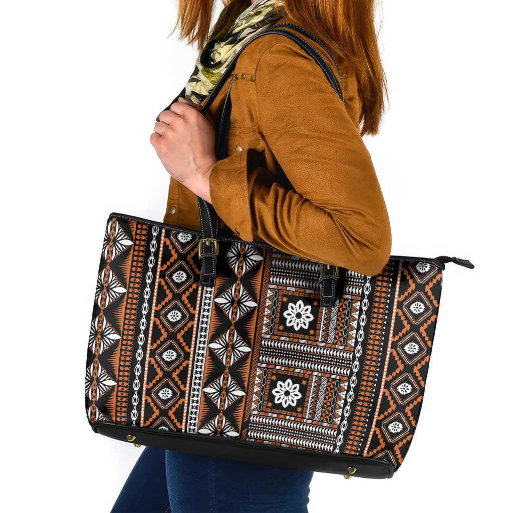 Fiji Masi Tapa Pattern Orange Leather Tote Bag LT01 Orange - Polynesian Pride