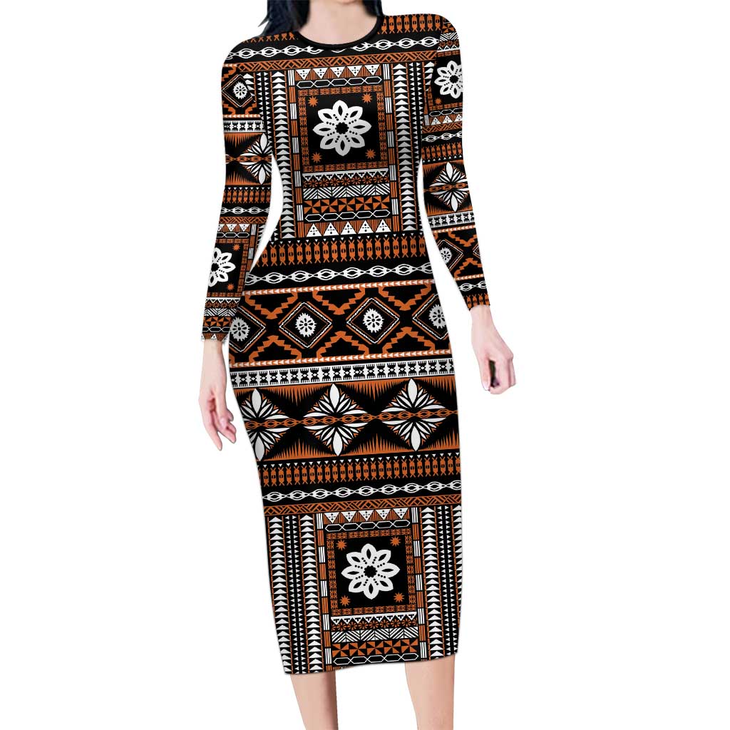Fiji Masi Tapa Pattern Orange Long Sleeve Bodycon Dress LT01 Long Dress Orange - Polynesian Pride