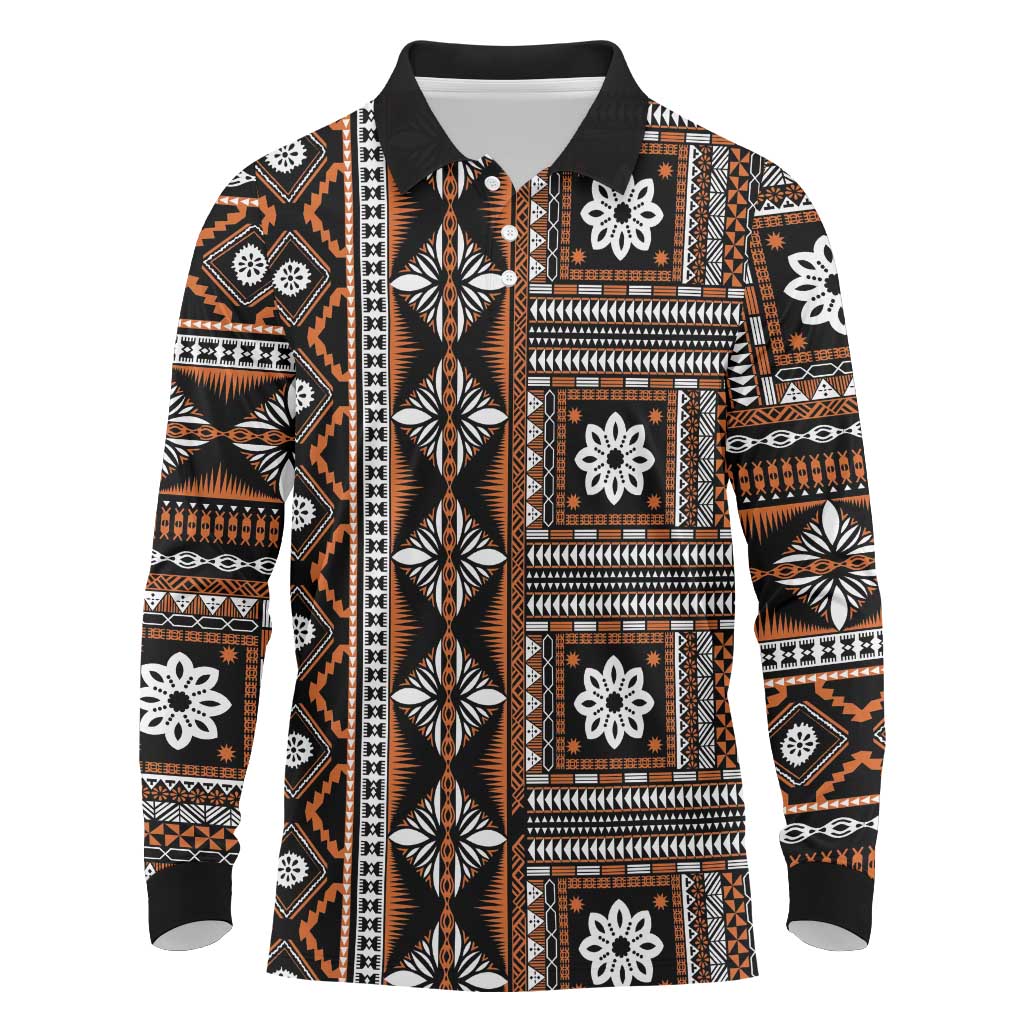 Fiji Masi Tapa Pattern Orange Long Sleeve Polo Shirt LT01 Orange - Polynesian Pride