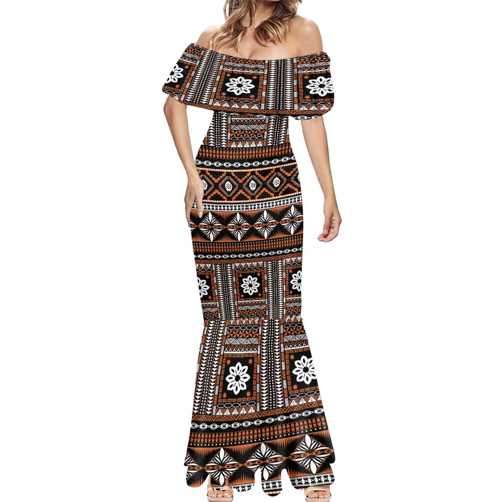 Fiji Masi Tapa Pattern Orange Mermaid Dress LT01 - Polynesian Pride
