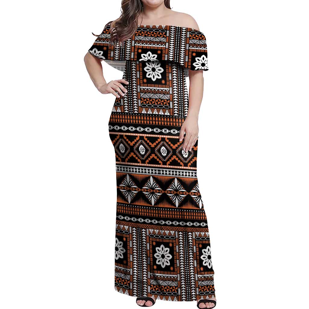 Fiji Masi Tapa Pattern Orange Off Shoulder Maxi Dress LT01 Women Orange - Polynesian Pride