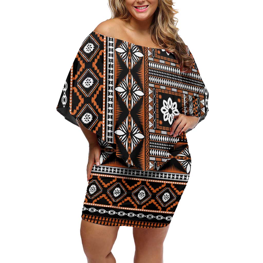 Fiji Masi Tapa Pattern Orange Off Shoulder Short Dress LT01 Women Orange - Polynesian Pride