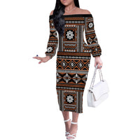 Fiji Masi Tapa Pattern Orange Off The Shoulder Long Sleeve Dress LT01 Women Orange - Polynesian Pride