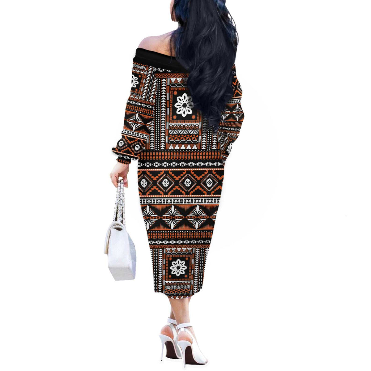 Fiji Masi Tapa Pattern Orange Off The Shoulder Long Sleeve Dress LT01 - Polynesian Pride