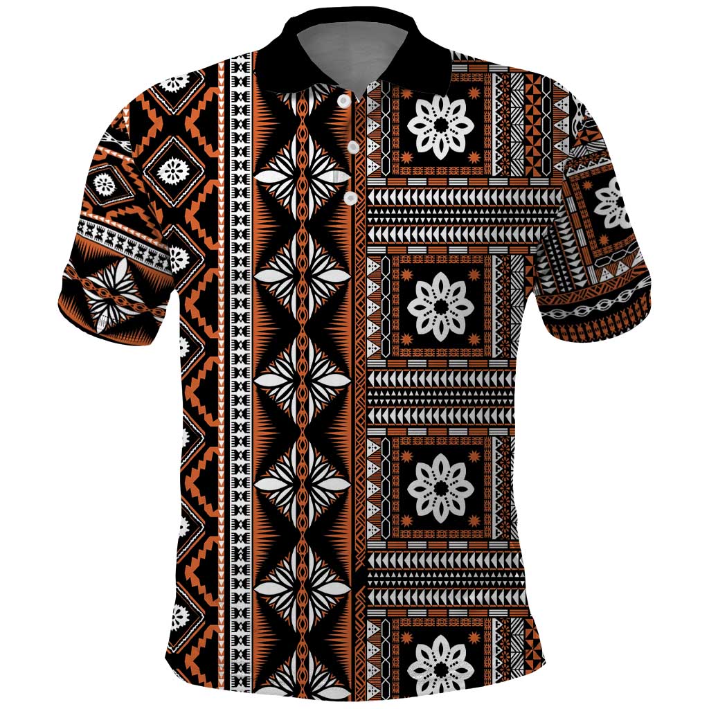 Fiji Masi Tapa Pattern Orange Polo Shirt LT01 Orange - Polynesian Pride
