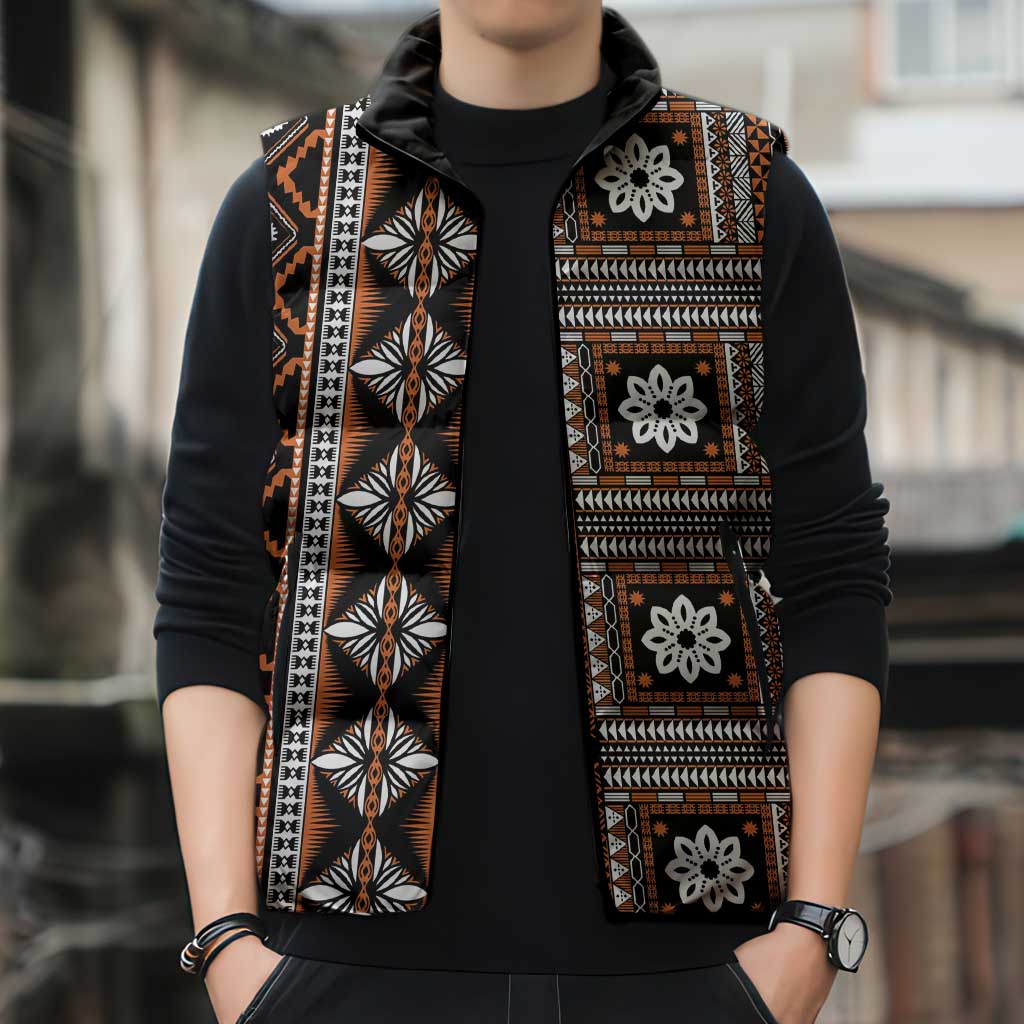 Fiji Masi Tapa Pattern Orange Sleeveless Puffer Jacket LT01 - Polynesian Pride