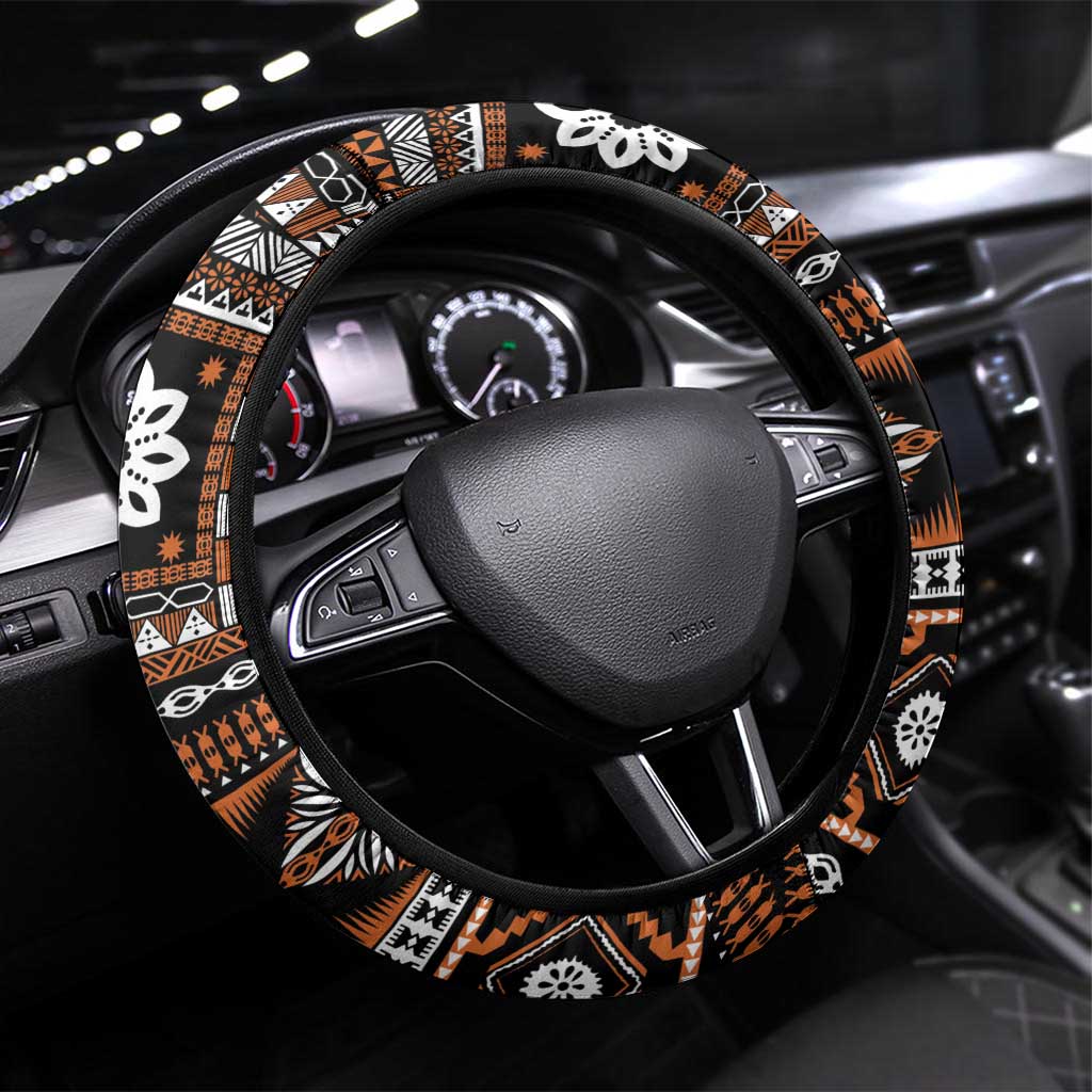 Fiji Masi Tapa Pattern Orange Steering Wheel Cover LT01 Universal Fit Orange - Polynesian Pride