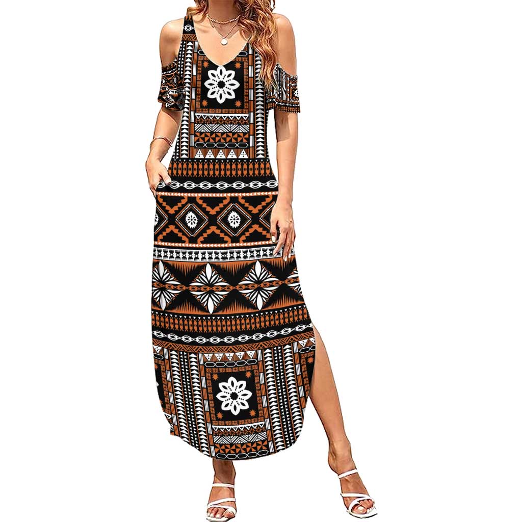 Fiji Masi Tapa Pattern Orange Summer Maxi Dress LT01 Women Orange - Polynesian Pride
