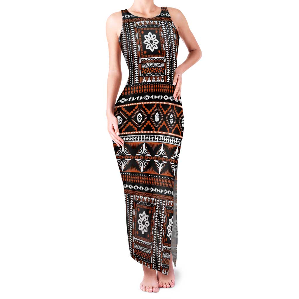 Fiji Masi Tapa Pattern Orange Tank Maxi Dress LT01 Women Orange - Polynesian Pride