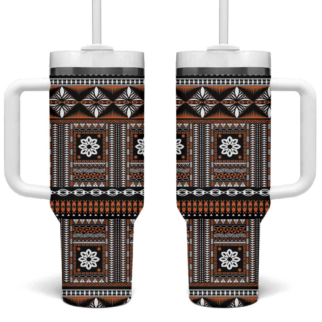 Fiji Masi Tapa Pattern Orange Tumbler With Handle LT01 One Size: 40 oz Orange - Polynesian Pride