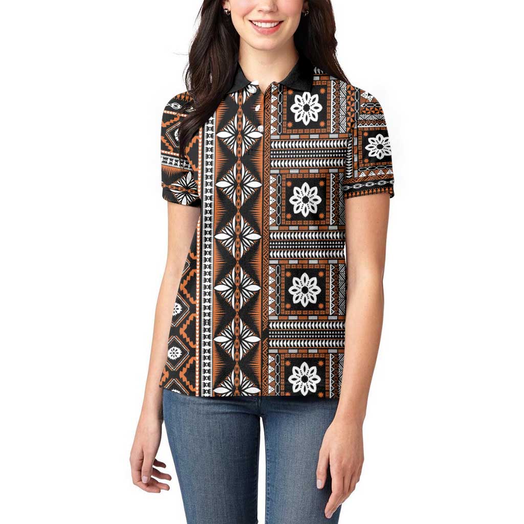 Fiji Masi Tapa Pattern Orange Women Polo Shirt LT01 - Polynesian Pride