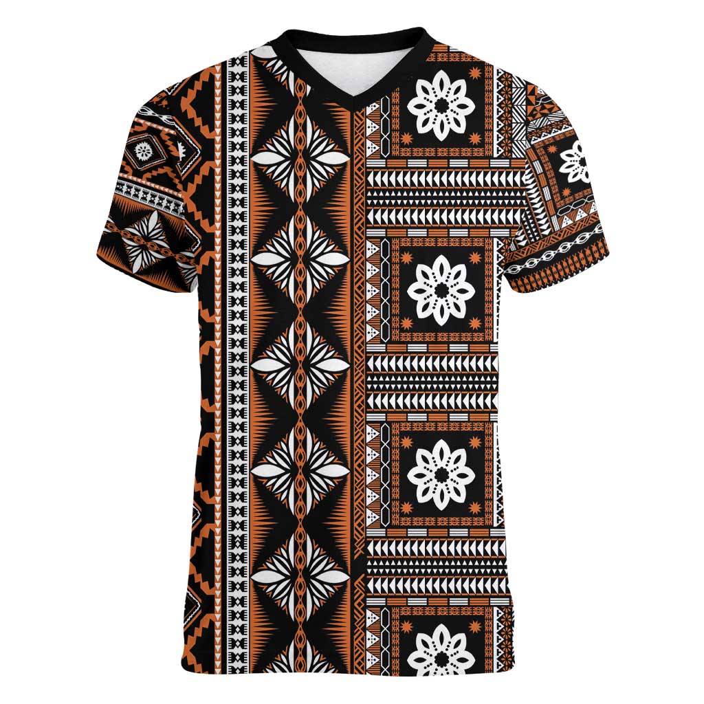 Fiji Masi Tapa Pattern Orange Women V-Neck T-Shirt LT01 Female Orange - Polynesian Pride