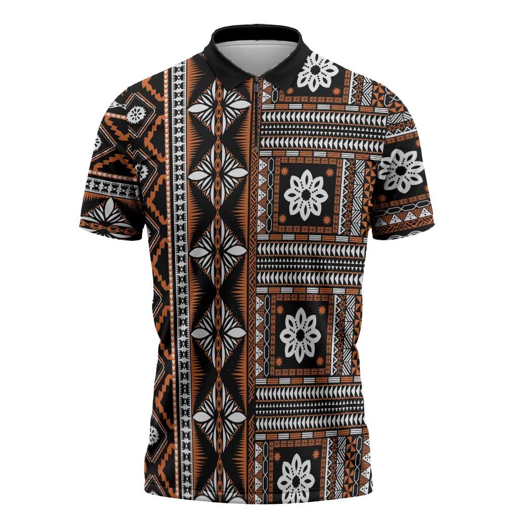 Fiji Masi Tapa Pattern Orange Zipper Polo Shirt LT01 Orange - Polynesian Pride
