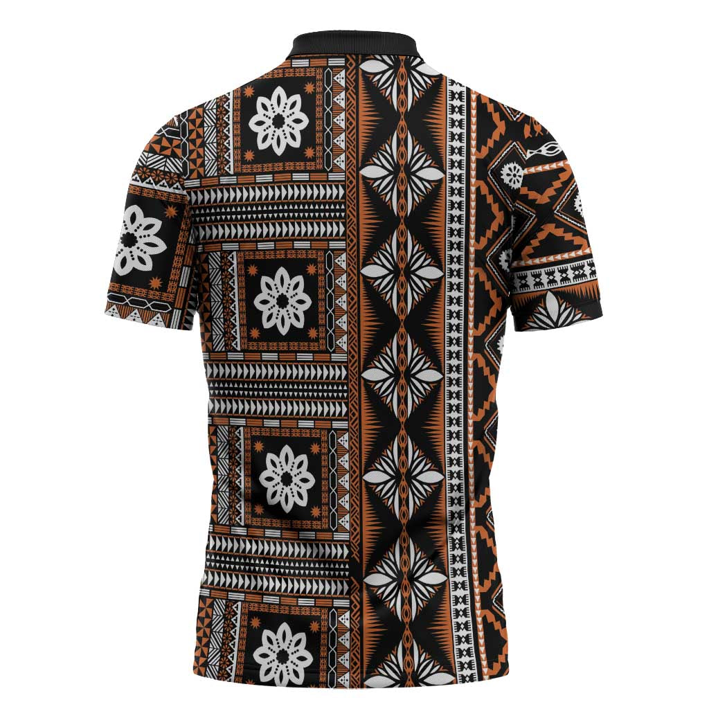 Fiji Masi Tapa Pattern Orange Zipper Polo Shirt LT01 - Polynesian Pride