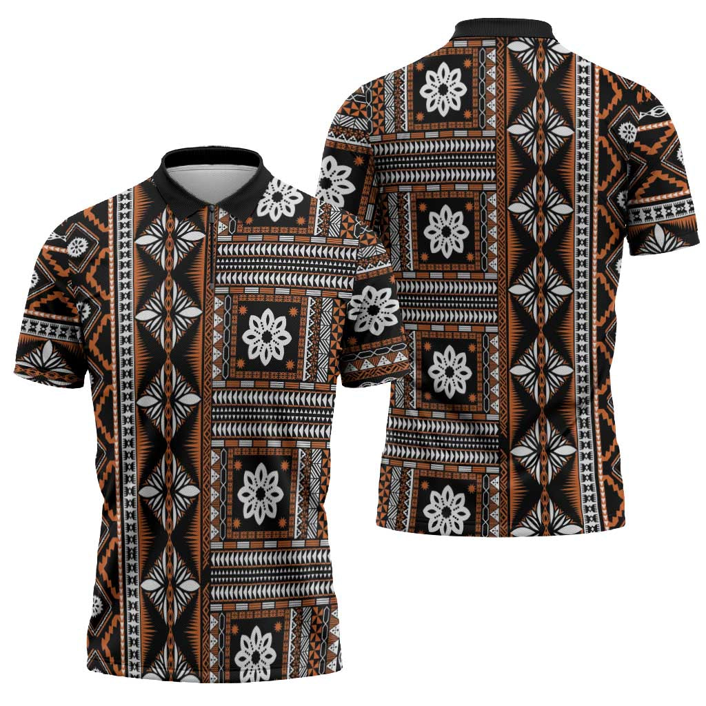 Fiji Masi Tapa Pattern Orange Zipper Polo Shirt LT01 - Polynesian Pride