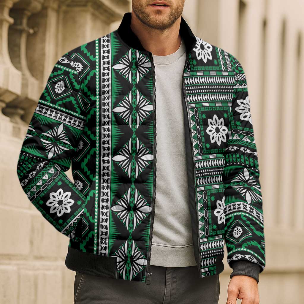 Fiji Masi Tapa Pattern Green Bomber Puffer Jacket LT01 - Polynesian Pride