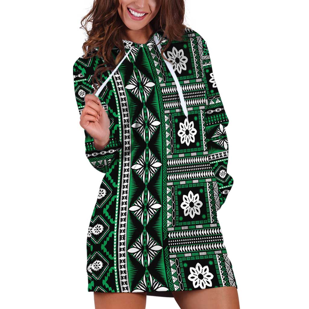 Fiji Masi Tapa Pattern Green Hoodie Dress LT01 Green - Polynesian Pride