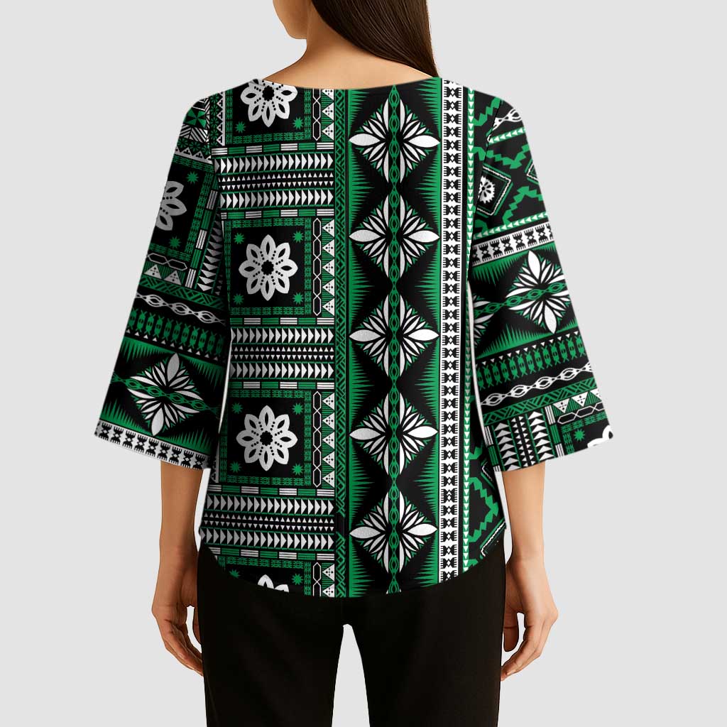 Fiji Masi Tapa Pattern Green Kimono Sleeve Blouse LT01 - Polynesian Pride