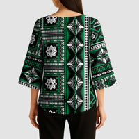 Fiji Masi Tapa Pattern Green Kimono Sleeve Blouse LT01 - Polynesian Pride