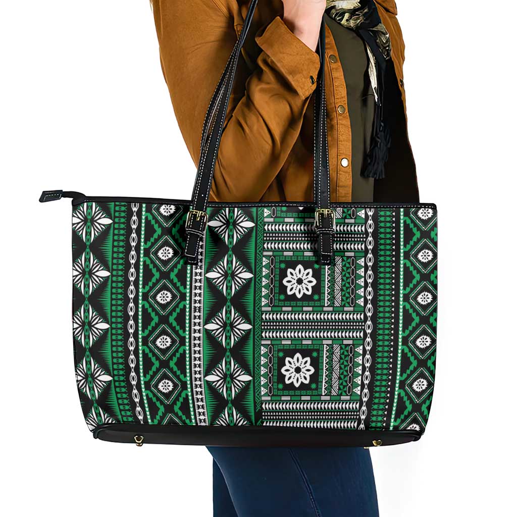 Fiji Masi Tapa Pattern Green Leather Tote Bag LT01 - Polynesian Pride