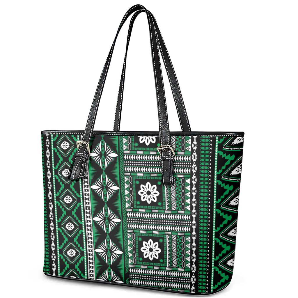 Fiji Masi Tapa Pattern Green Leather Tote Bag LT01 - Polynesian Pride
