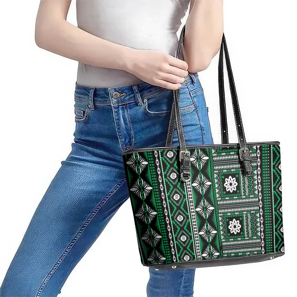 Fiji Masi Tapa Pattern Green Leather Tote Bag LT01 - Polynesian Pride