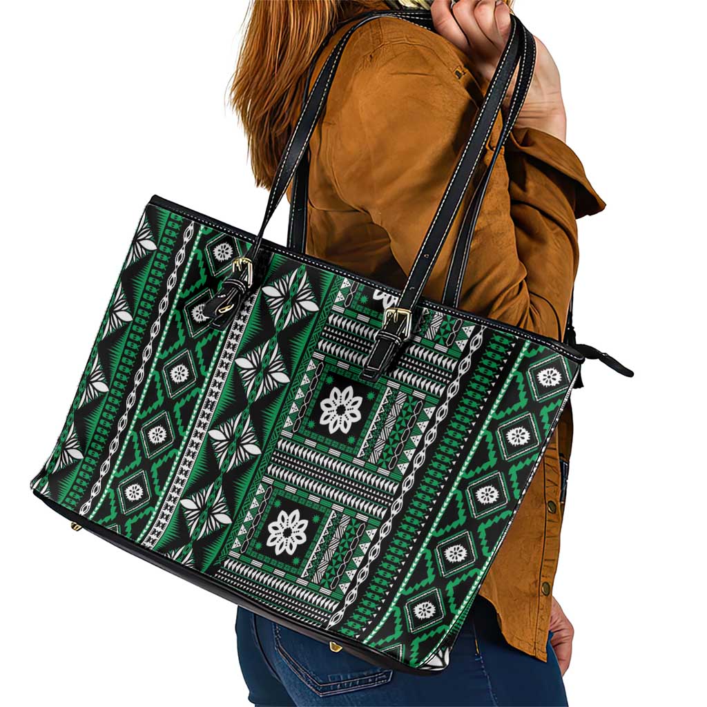 Fiji Masi Tapa Pattern Green Leather Tote Bag LT01 - Polynesian Pride