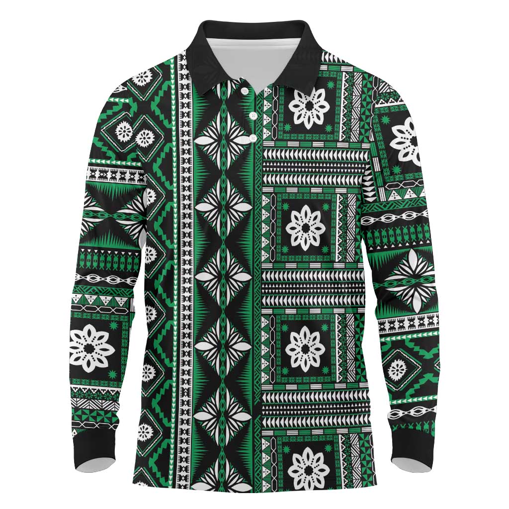 Fiji Masi Tapa Pattern Green Long Sleeve Polo Shirt LT01 Green - Polynesian Pride