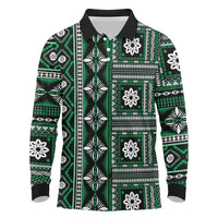 Fiji Masi Tapa Pattern Green Long Sleeve Polo Shirt LT01 Green - Polynesian Pride