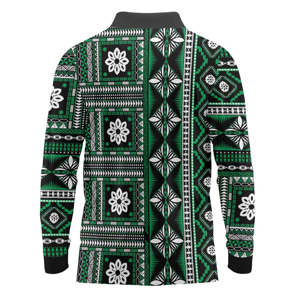 Fiji Masi Tapa Pattern Green Long Sleeve Polo Shirt LT01 - Polynesian Pride