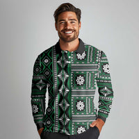 Fiji Masi Tapa Pattern Green Long Sleeve Polo Shirt LT01 - Polynesian Pride