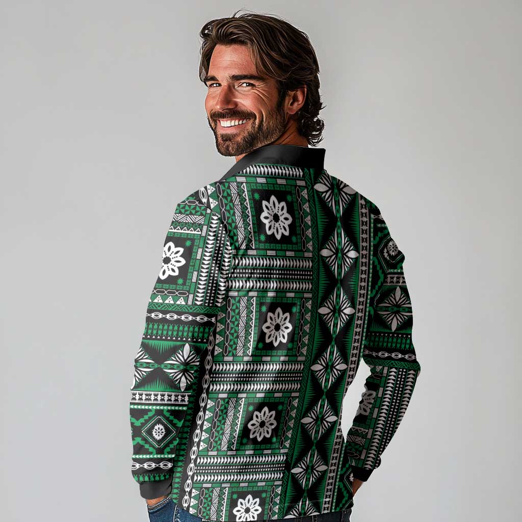 Fiji Masi Tapa Pattern Green Long Sleeve Polo Shirt LT01 - Polynesian Pride